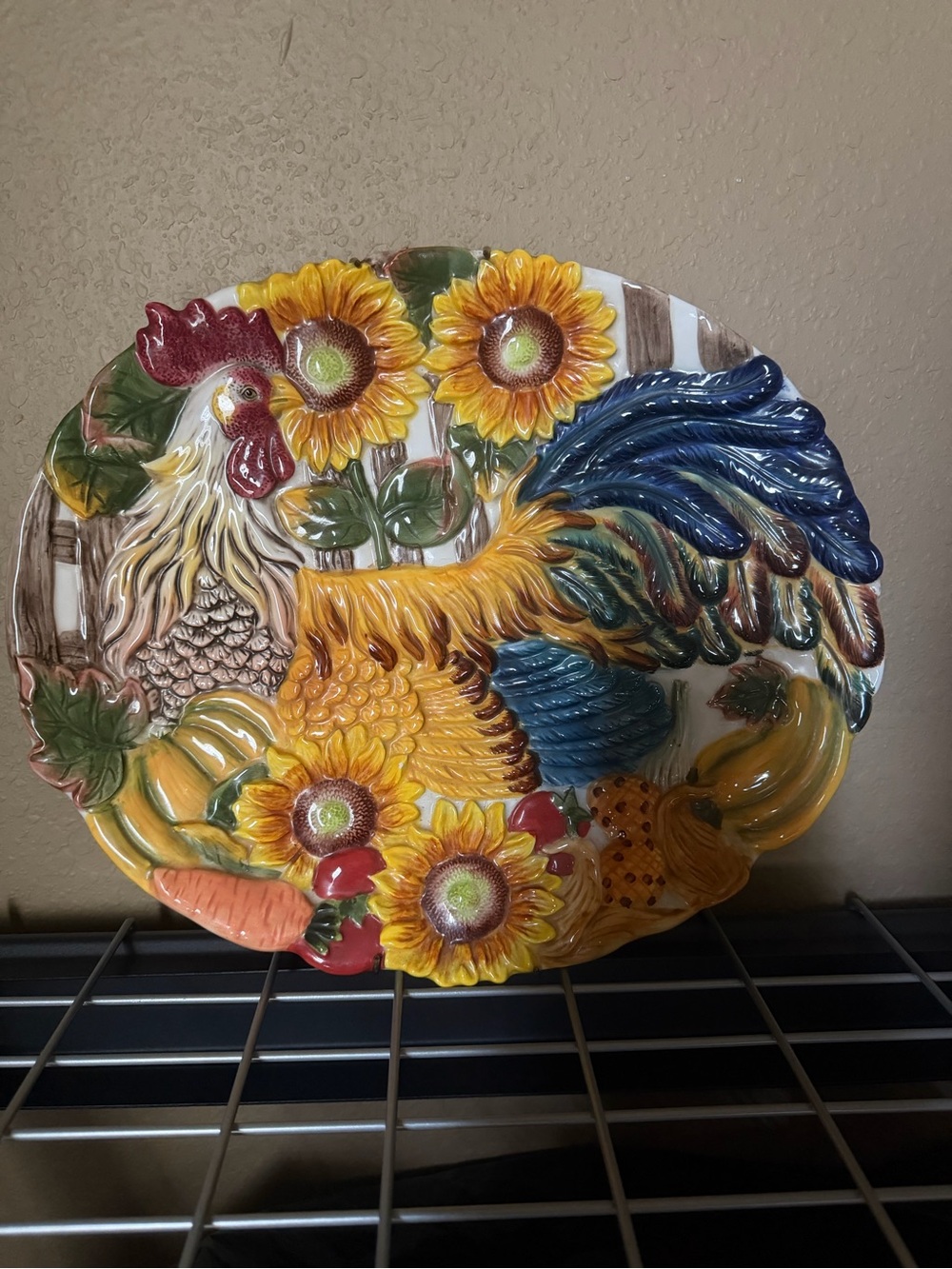 Hand-Painted Ceramic Rooster Plaque in Yellow Blue Green